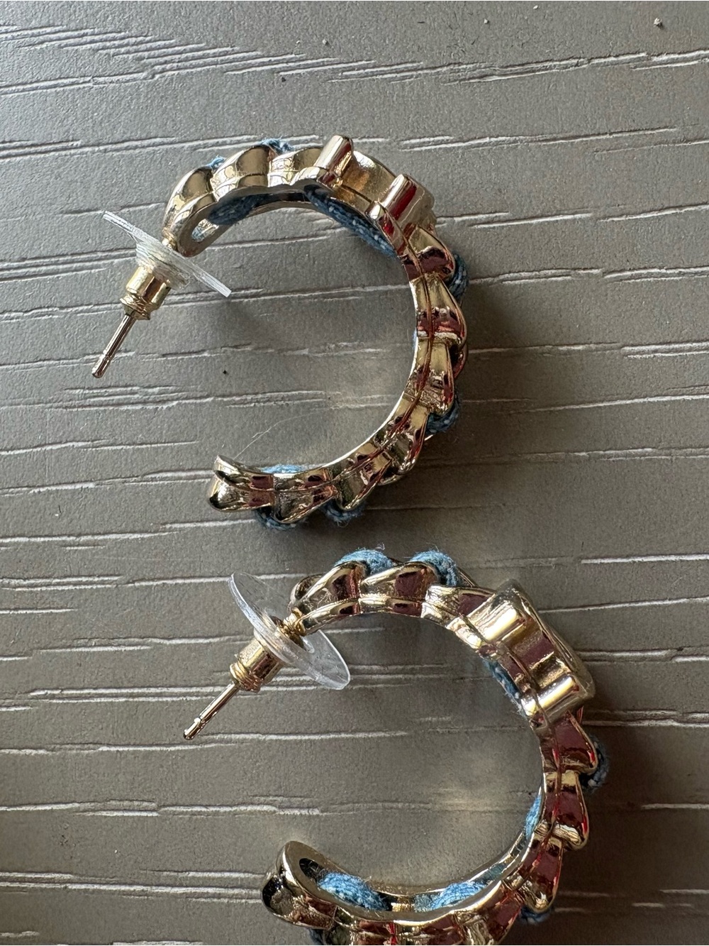 FASHION Gold CC Logo Hoop Pierced Earrings with Blue Denim Fabric Weave - Picture 6 of 8